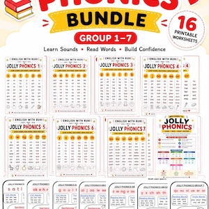 Puede incluir: Un paquete de Jolly Phonics con 16 hojas de trabajo imprimibles para los grupos 1-7. El conjunto educativo incluye tablas para aprender sonidos, leer palabras y desarrollar la confianza, con texto claro, iconos coloridos y ejercicios.