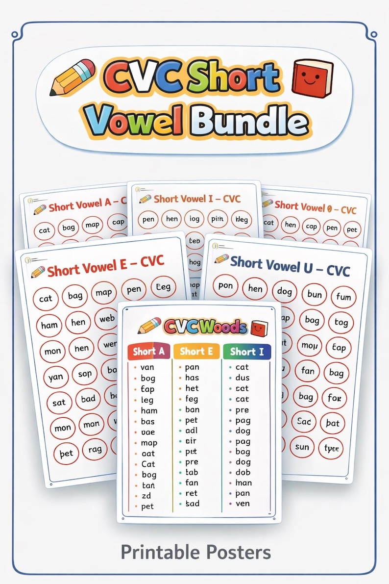 CVC Short Vowel Bundle | Printable CVC Word Posters + Worksheets ...
