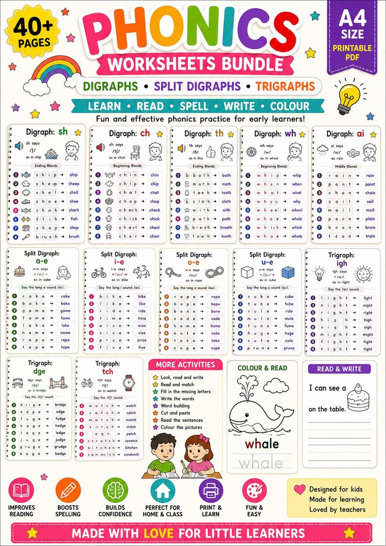 Phonics Digraphs Trigraphs Worksheets Bundle (A4 Printable PDF) - Etsy