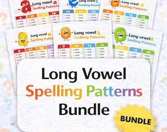 Könnte beinhalten: Ein Bündel von Lernpostern zum Erlernen von langen Vokal-Rechtschreibmustern. Jedes Poster zeigt eine farbenfrohe Cartoonfigur und Wortbeispiele. Das Bündel enthält den Text "Long Vowel Spelling Patterns Bundle."