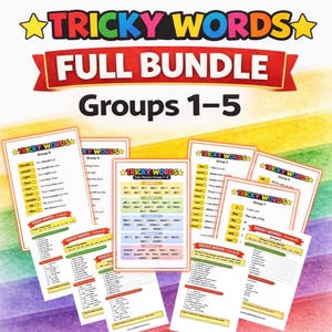 Op de afbeelding: Een bundel educatief materiaal getiteld "TRICKY WORDS FULL BUNDLE Groups 1-5". De materialen bevatten verschillende werkbladen met kleurrijke randen en tekst. De werkbladen zijn ontworpen voor educatieve doeleinden, met een regenboogachtergrond.
