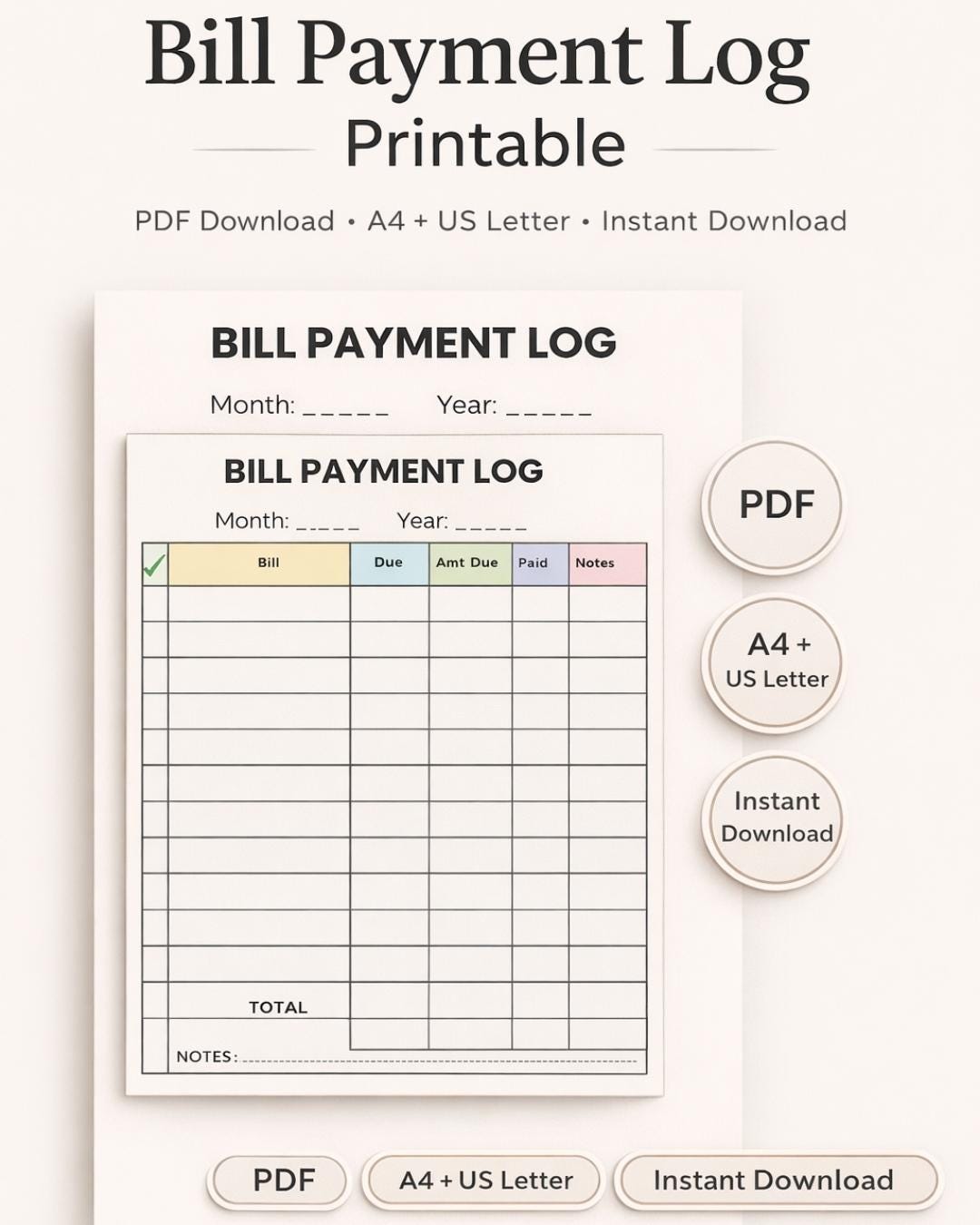 Bill Payment Log Printable, Monthly Tracker, Budget Planner Insert (PDF ...