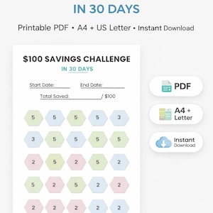 May include: A printable PDF savings challenge with the text "$100 Savings Challenge in 30 Days." The design includes a grid of hexagons with numbers, a space to write the start and end dates, and a total saved section.