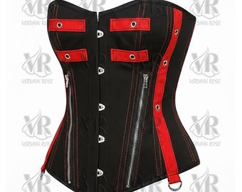 Corsé negro y rojo con cremalleras y ballenas de pistón