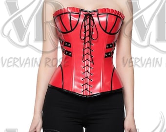 Fire Engine Red Patent Leather Corset – Gothic Overbust Waist Cincher with Black Lacing