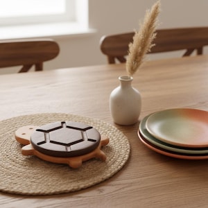 Peut inclure: Un dessous de plat en bois en forme de tortue avec un centre marron foncé, posé sur un dessous de plat tissé. Un petit vase blanc contient de l'herbe séchée et une pile d'assiettes colorées se trouve à proximité.