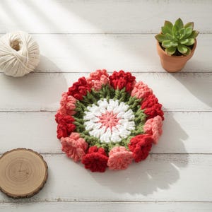 Peut inclure: Un dessous de verre fait à la main en crochet, avec un motif floral. Le centre est blanc et rose, entouré de pétales verts, roses et rouges. Une pelote de fil blanc, une petite plante succulente en pot et un dessous de verre en bois sont également présents.