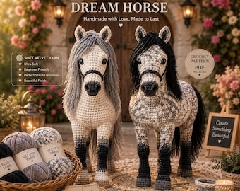 Mönster för virkad häst och instruktionsvideo, Amigurumi-hästmönster i pdf-format, Söt virkad ponnyleksak, Virkning av bondgårdsdjur, Nybörjare/Medeltids DIY