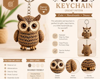 Virkat ugglemönster i PDF-format, Amigurumi-ugglemönster, Virkning av realistisk uggla, Mönster för plyschdjur i skogsmark, DIY-leksakshandledning, Direktnedladdning