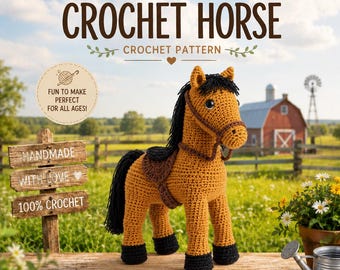 Virkmönster för hästar i PDF-format, handledning för amigurumi-hästar, söt virkad ponnyleksak, virkning av bondgårdsdjur, DIY för nybörjare till medelåldern