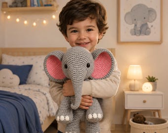 Virkmönster för elefantunge i PDF-format, handledning för amigurumi-plyschleksak, grårosa gosedjur
