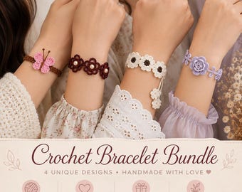 Paket med virkade armbandsmönster | 4 eleganta blommiga bohemiska handledningar (PDF-nedladdning)