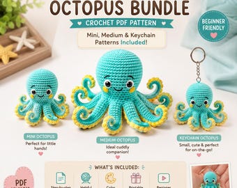 Bläckfisk Amigurumi Virkpaket Mönster PDF, Virkad nyckelring med plyschhavsdjur, Bläckfiskhandledning DIY Ocean Creatur-docka, Virkad heminredning
