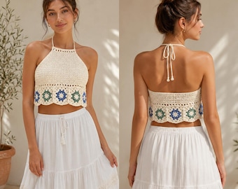 Virkt toppmönster för kvinnor Blommig mormors fyrkantig mössa Ärmlös blus, halterneck topp Boho-mönster Nybörjarvänlig handledning (PDF-nedladdning).