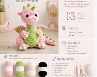 Drakevirkmönster PDF • Realistisk fantasidrake-amigurumi • Premium plyschdrake-handledning