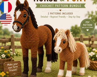Mönster för virkad häst, flerspråkig PDF, handledning för amigurumi-häst, söt virkad ponnyleksak, virkning av bondgårdsdjur, gör-det-själv-projekt för nybörjare till medelålder