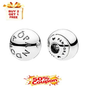 May include: Two silver Pandora charm beads. One bead has the word "Pandora" engraved on it. The other bead has the word "Pandora" and a crown engraved on it. The image also includes a gift box and a coupon.
