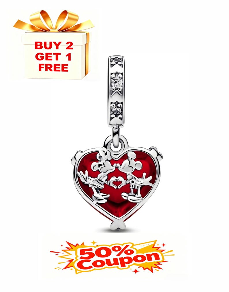 May include: A silver charm with a red heart-shaped pendant featuring Mickey and Minnie Mouse. The charm has a decorative band and the words "BUY 2 GET 1 FREE" are visible. A "50% Coupon" graphic is also present.