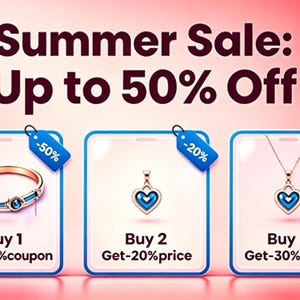 May include: An advertisement for a summer jewelry sale. The image displays a gold ring, a pendant, and a necklace with heart-shaped blue accents. The text reads "Summer Sale: Up to 50% Off."
