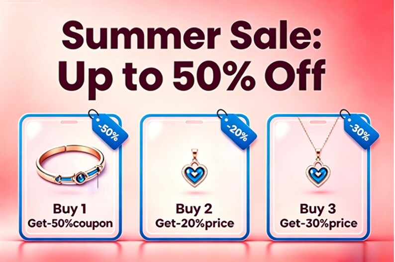 May include: An advertisement for a summer jewelry sale. The image displays a gold ring, a pendant, and a necklace with heart-shaped blue accents. The text reads "Summer Sale: Up to 50% Off."