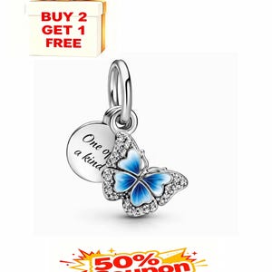 Ale S925 Blue Butterfly Quote Double Dangle Charm Gift Bag,fit pandora necklace and bracelet