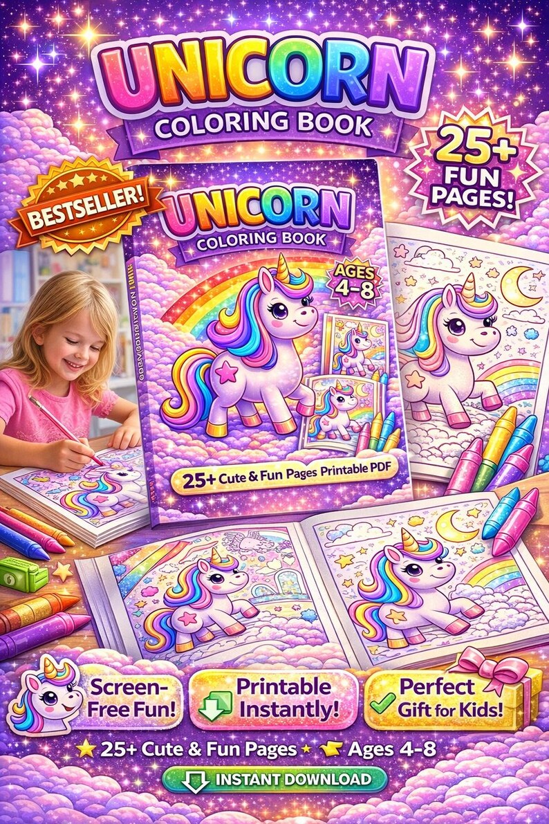 Unicorn Coloring Book for Kids Ages 4–8 | 25+ Fun Printable Pages ...