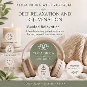 Könnte beinhalten: Beigefarbene Over-Ear-Kopfhörer, zentriert auf einer weichen Oberfläche. Der Text lautet: YOGA NIDRA WITH VICTORIA, DEEP RELAXATION AND REJUVENATION, Guided Relaxation, A deeply relaxing guided meditation for rest, renewal, and inner peace, MP3 AUDIO, INSTANT DOWNLOAD.