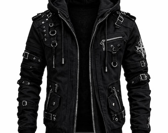 May include: Black hooded jacket with multiple pockets, zippers, and straps. The jacket features a cross design on the upper right side and metal rings and buckles. The jacket has a full-length zipper and a ribbed hem and cuffs.