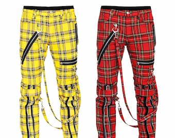 Men's Plaid Punk Pants: Gothic Tartan Trousers with Zippers & Straps