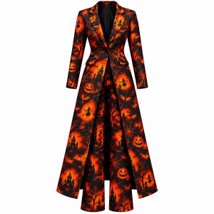 Op de afbeelding: Een set bestaande uit een lange blazer en een bijpassende broek met een levendige Halloween-print. Het patroon toont oranje pompoenen, zwarte silhouetten van heksen, spookkastelen, kale bomen, vleermuizen en spinnenwebben op een donkere achtergrond.