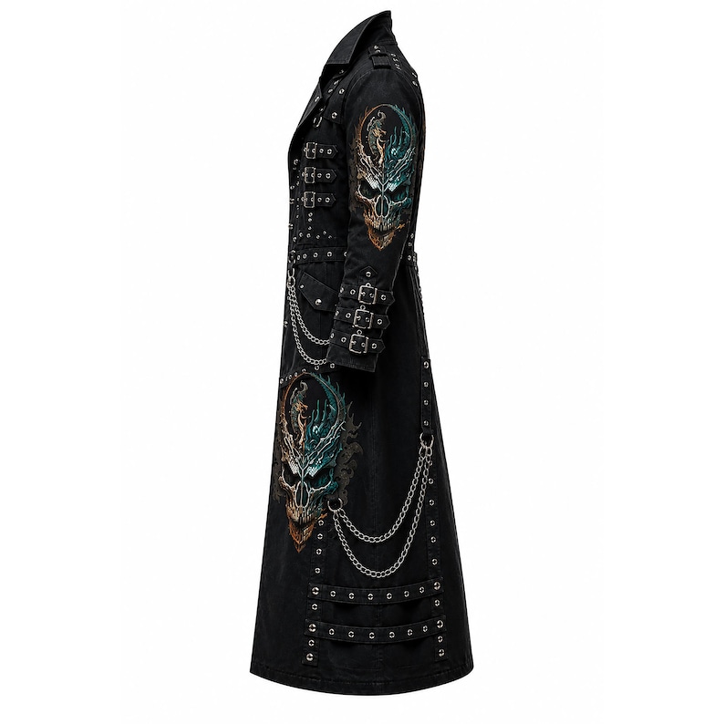 May include: A black long coat featuring a high collar, multiple silver-toned buckles on the chest and sleeves, and silver metal chains. The coat displays colorful skull graphics on the shoulder and lower side, accented with silver studs and grommets.