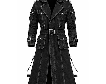 May include: A black denim trench coat featuring a notched lapel, epaulets, and four front flap pockets with silver-tone buttons. The coat includes a waist belt with a silver buckle, adjustable sleeve straps, and side straps along the lower hem.