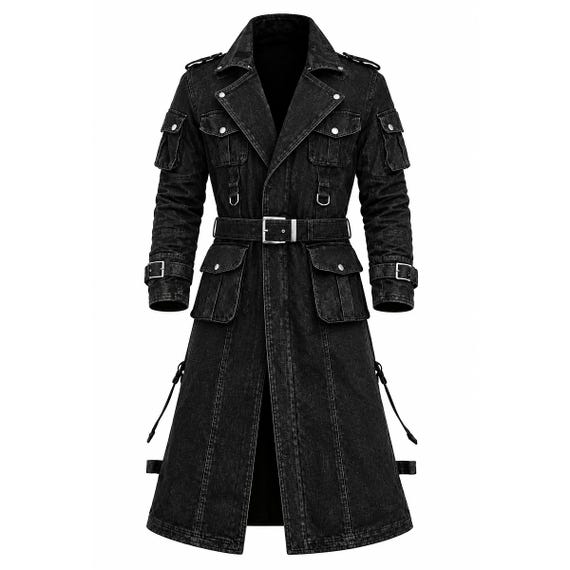 Men's Black Gothic Trench Coat Military Long Cargo Jacket Steampunk Alt Fashion