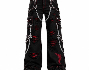 Black Red Ripped Gothic Cargo Pants Wide Leg with Chains Y2K Punk Streetwear
