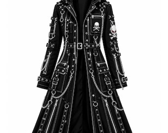 Gothic Hooded Trench Coat, Cyberpunk Chains and Straps Jacket