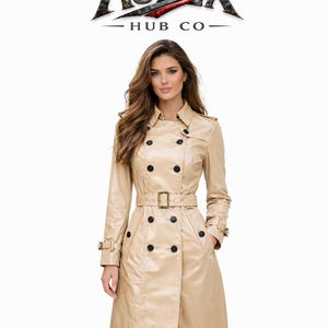 Aurex Hub Dam Beige Glansig Trenchcoat Med Bälte, Dubbelknäppt Lång Regnrock