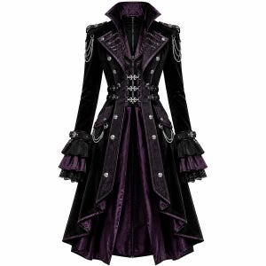 May include: A black and purple long coat featuring a high collar, silver-toned buttons, and decorative silver chains on the shoulders and pockets. The sleeves have layered cuffs with lace trim, and the front includes intricate embroidery and buckles.