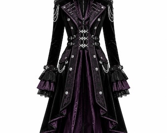 Black Velvet Gothic Steampunk Coat with Purple Lining and Ruffled Bell Sleeves
