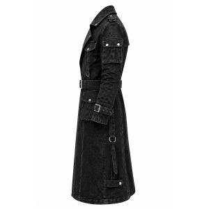May include: A long, black denim trench coat featuring a structured collar, shoulder epaulets, and multiple flap pockets with silver-toned metal snap buttons. The coat includes a matching belt at the waist and adjustable buckled straps at the cuffs.