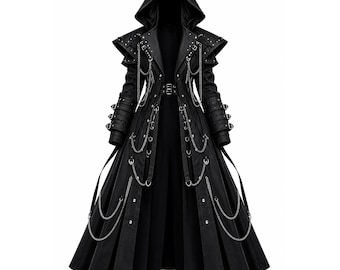 May include: A black hooded long coat featuring structured shoulders, multiple silver-toned metal chains, and decorative buckles. The garment includes a belted waist, studded lapels, and layered panels that extend to a flared hemline.