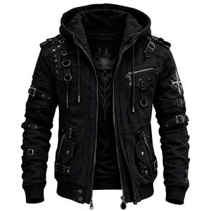 Chaqueta de motociclista gótica negra con capucha Aurex Hub: bordado de alas cruzadas, correas con hebillas punk, ropa de calle