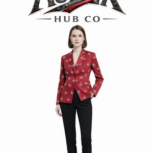 May include: A red blazer with a butterfly pattern, paired with black pants. The blazer features a classic design with a notched lapel and is adorned with multiple butterfly motifs. The image also displays the Aurex Hub Co. logo.