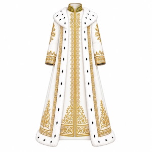 Op de afbeelding: Een vloerlange witte jas met een hoge kraag, lange mouwen en een brede revers afgezet met wit imitatiebont met zwarte stippen. Het kledingstuk is versierd met ingewikkeld goudborduursel langs de voorzijde, de mouwboorden en de zoom.