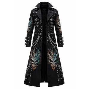 May include: A black long coat featuring a large, colorful skull graphic on the lower front and sleeves. The coat includes multiple silver-toned metal buckles, studs, and decorative chains across the chest and waist, with a wide collar and long sleeves.