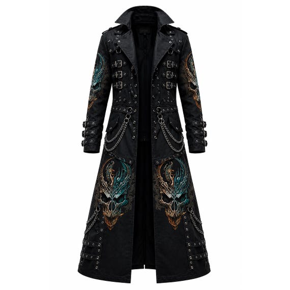 Men's Gothic Trench Coat | Steampunk Leather Long Jacket | Skull & Dragon Print Duster with Chains