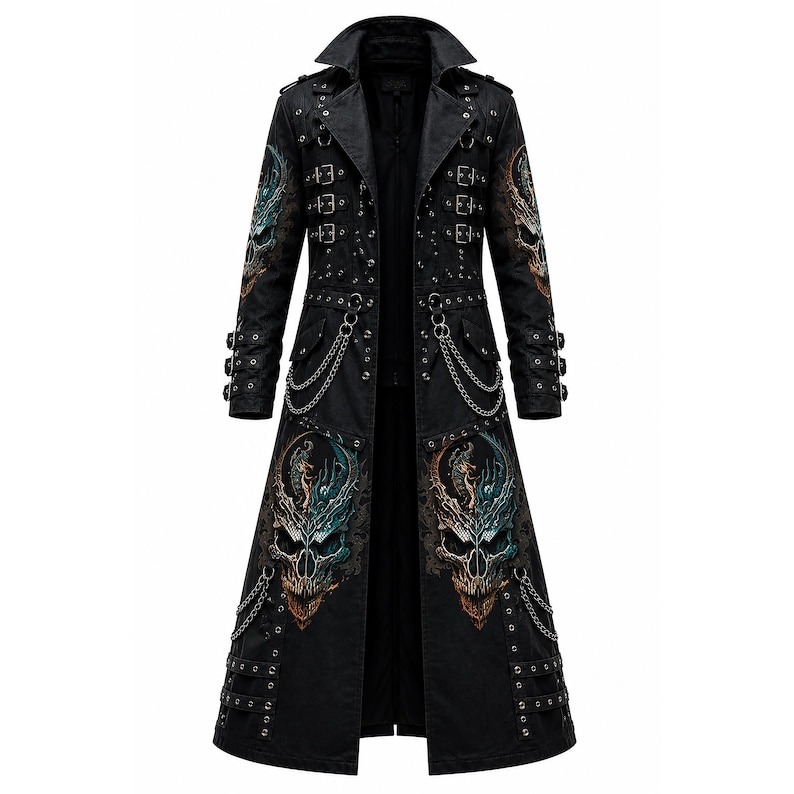 May include: A black long coat featuring a large, colorful skull graphic on the lower front and sleeves. The coat includes multiple silver-toned metal buckles, studs, and decorative chains across the chest and waist, with a wide collar and long sleeves.