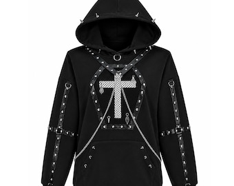 Gothic Cross Chain Hoodie | Studded Punk Pullover Sweatshirt | Emo Alt Clothing