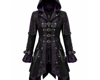 May include: A black hooded coat featuring purple floral embroidery, silver-toned buckles, and metal chain accents. The garment includes a front zip closure, ruffled cuffs, and a high-low hemline with structured panels and decorative metal hardware.