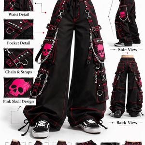 Puede incluir: Pantalones cargo negros con costuras rojas y diseños de calaveras rosas. Incluye múltiples bolsillos, cadenas y correas. El texto "Gothic Punk Cargo Pants" está en la parte superior.