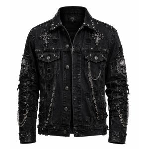 May include: A black denim jacket featuring distressed details, silver-toned metal studs, and embroidered cross patches on the chest. The sleeves include skull patches, lace-up side panels, and attached silver chains. It has a button-front closure.